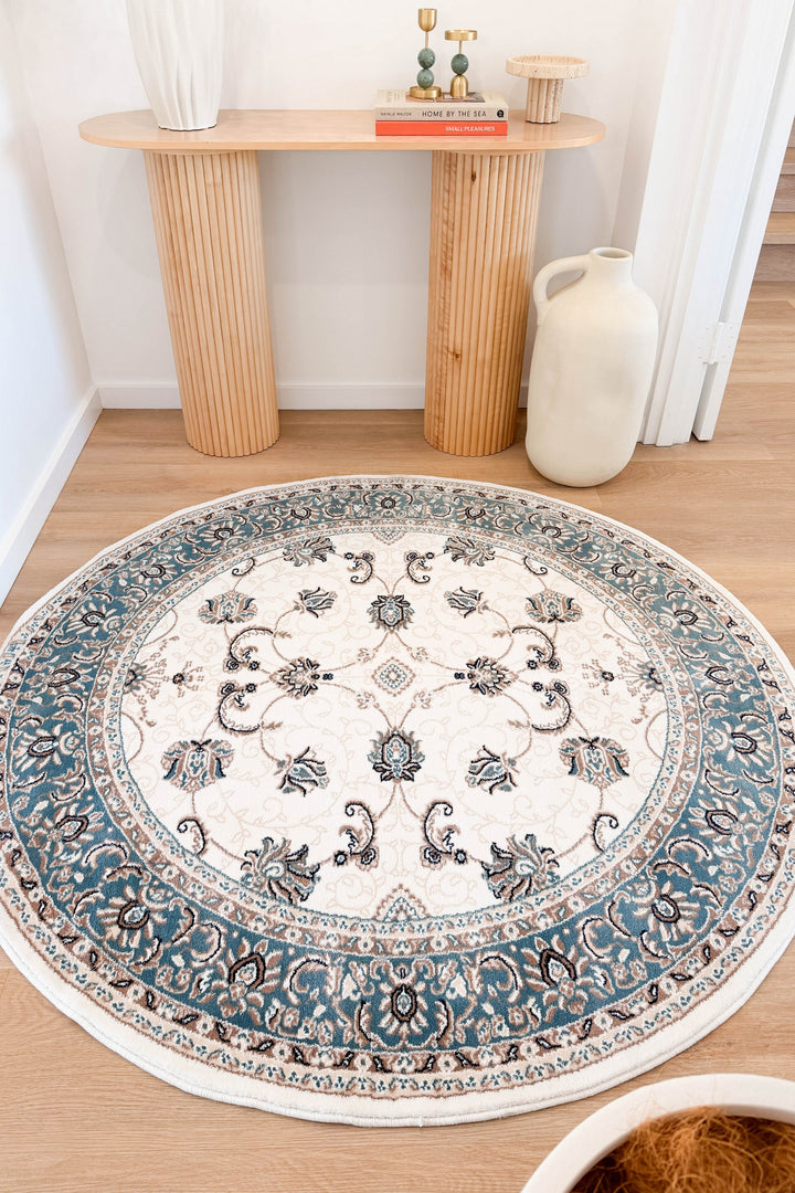 Riviera Traditional 84 Cream Blue Round Rug